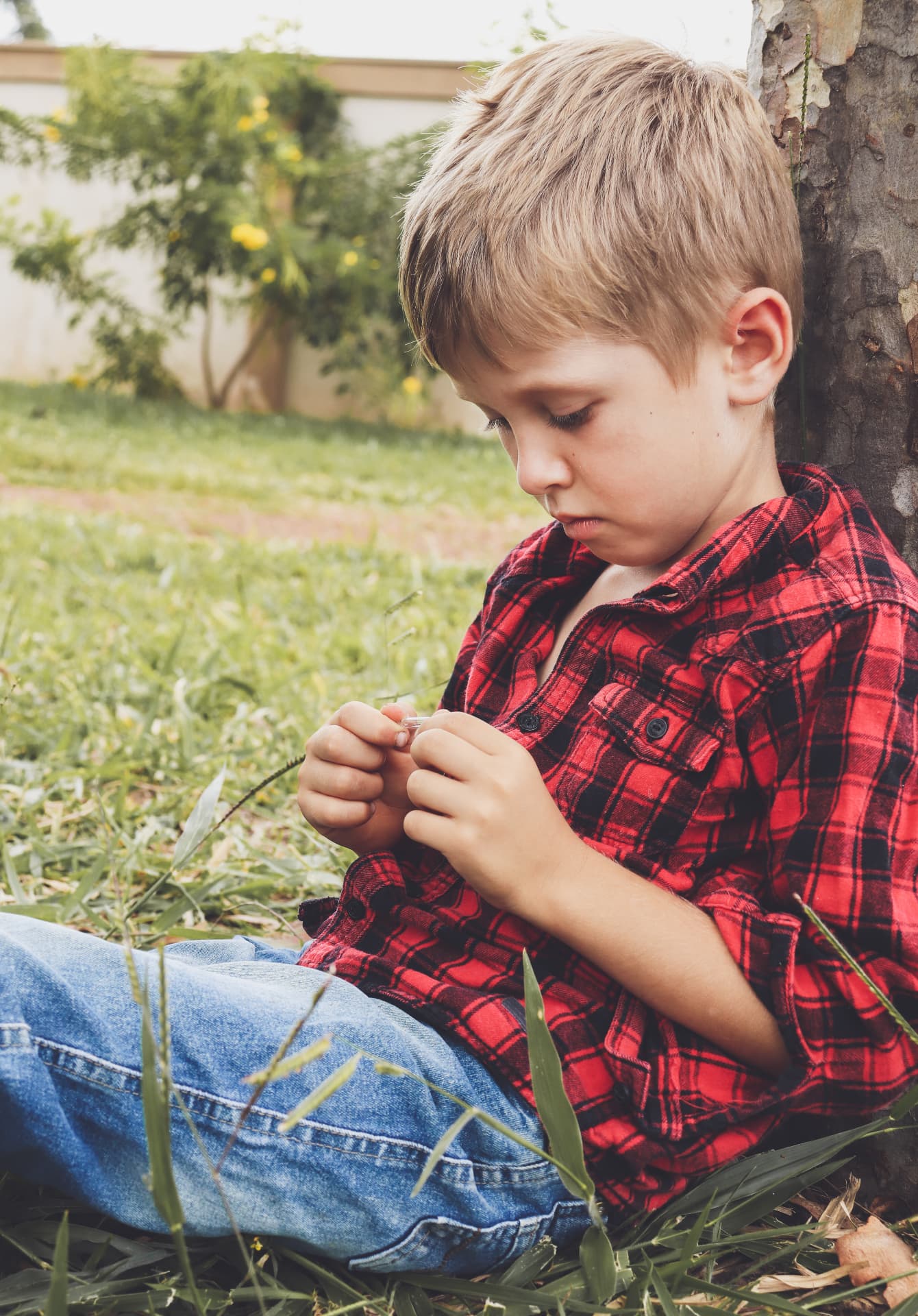 A young boy sitting under a tree in a backyard, concentrating on a small object in his hands