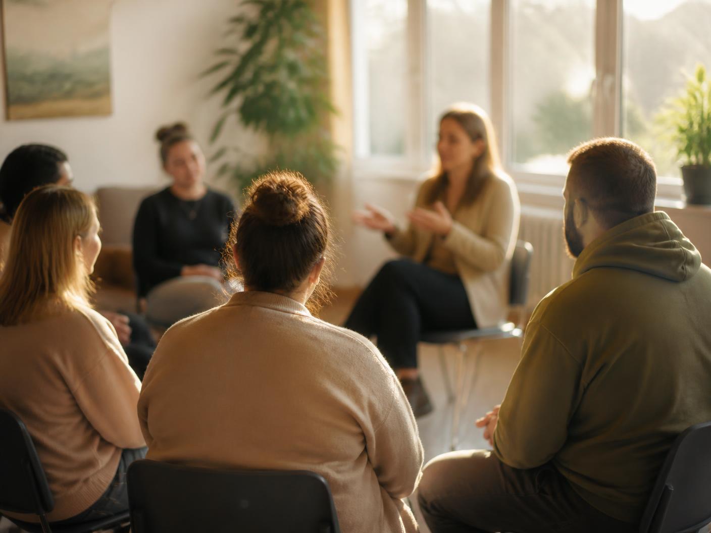 Support workers seated in a semicircle listening to a facilitator during behaviour support training